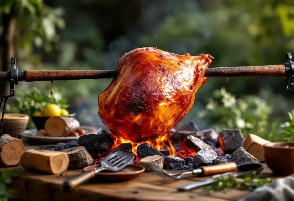 Recette jambon à la broche au feu de bois