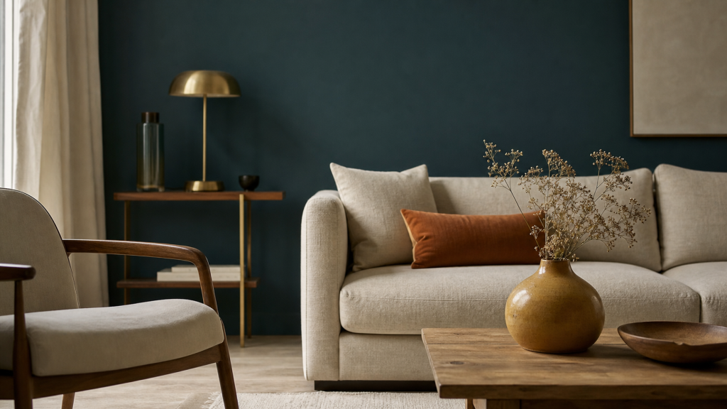 Salon bleu canard avec beige, terracotta et bois naturel